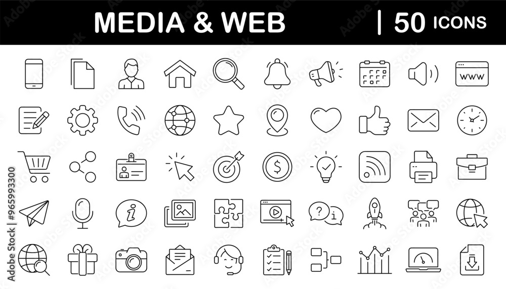 Poster media and web set of web icons in line style. social media icons for web and mobile app. containing 