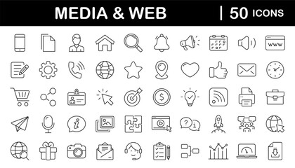 Media and Web set of web icons in line style. Social Media icons for web and mobile app. Containing media, website, marketing, business, social network, profile, page, rating, social links and more