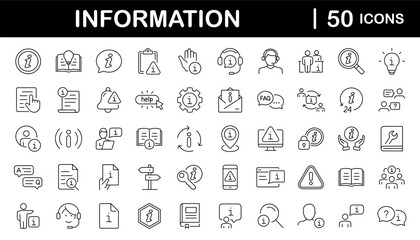 Information set of web icons in line style. Info and Help Desk icons for web and mobile app. Containing user manual, instruction, guidebook, reference, information support, assistant, customer help
