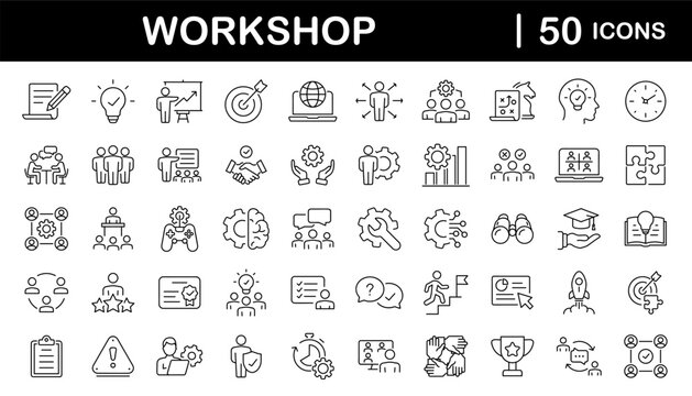 Workshop set of web icons in line style. Business Workshop icons for web and mobile app. Containing team building, teamwork, coaching, meeting, managing, coaching, motivation and more