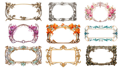 PNG art nouveau floral frame element set, transparent background