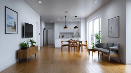 Fototapeta premium Spacious living and dining area with modern furniture, plants, and natural light, showcasing a clean, minimalist design.