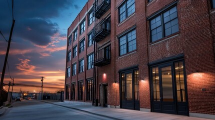 An older brick warehouse building repurposed as loft apartments in the heart of downtown, blending historic and modern design.