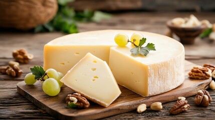 Dutch cheese wheel with grapes and nuts, gourmet presentation, cheese craftsmanship