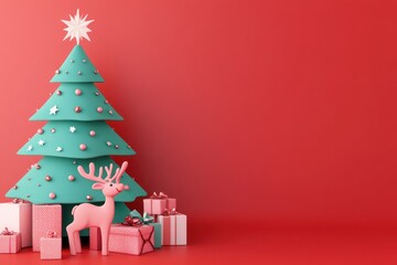 Fototapeta premium Festive Christmas Scene with Green Tree, Pink Reindeer, and Wrapped Gifts