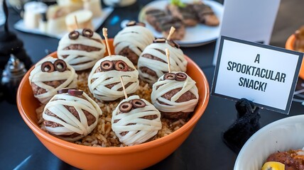 White and brown Halloween mummy meatballs in an orange bowl, a spooky snack for a fun party. 
