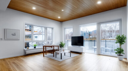 Fototapeta premium Open-plan living room with large windows, wood flooring, modern furniture, and abundant natural light for a fresh atmosphere.