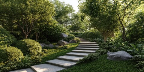 Fototapeta premium Stone Steps Winding Through Lush Green Foliage