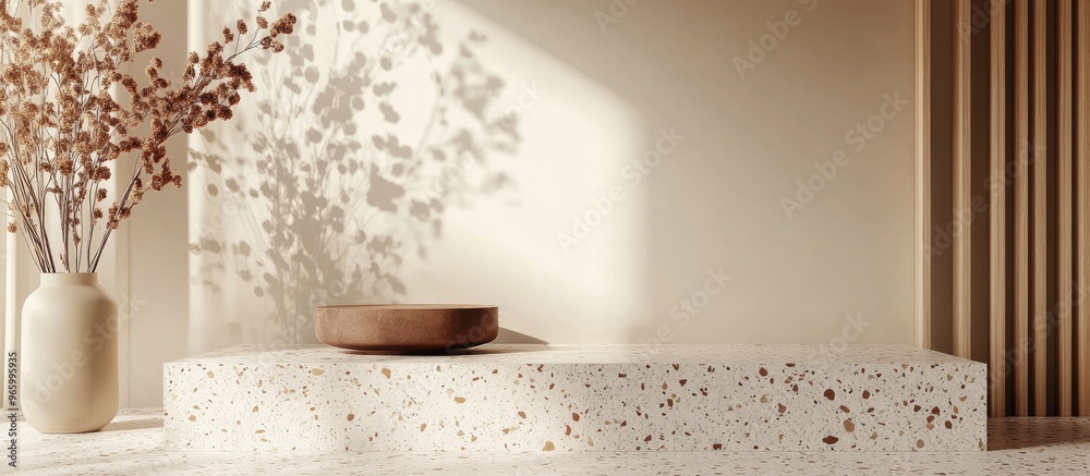 Poster beige minimal wall surface with a 3d rendered template mockup featuring a brown terrazzo pattern pod
