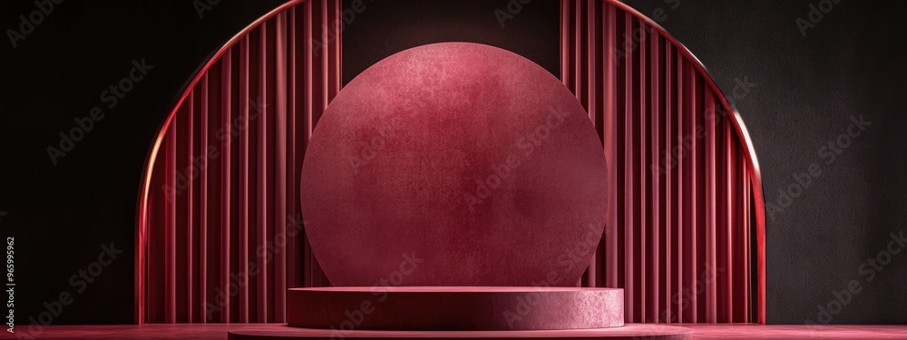 Poster Minimalistic scene featuring a podium arch and abstract backdrop Geometric shapes in garnet color set against a dark environment with lighting and textured elements ideal for cosmetic products 3D