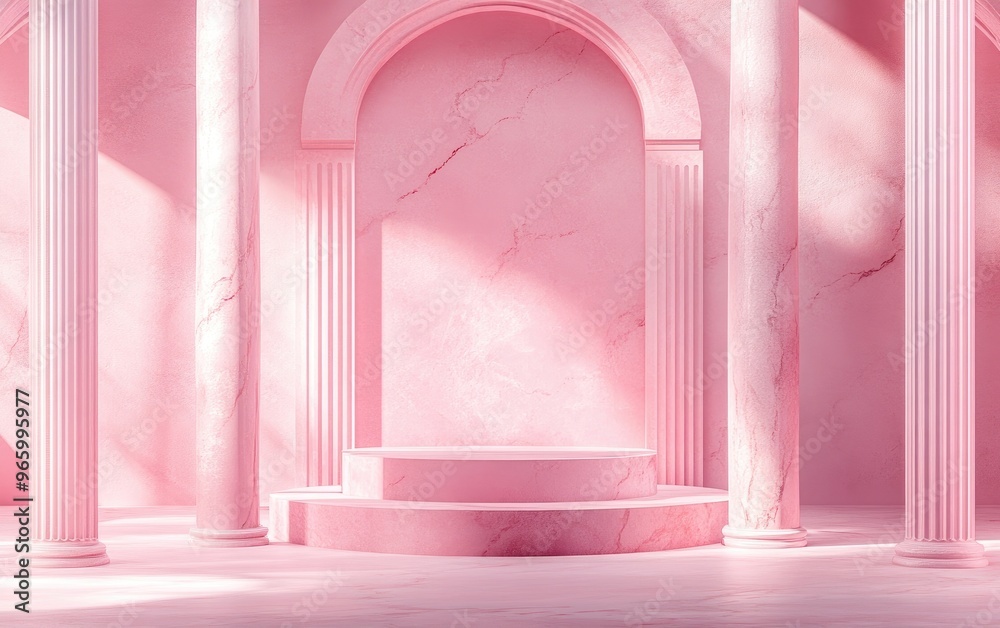 Aufkleber Pink podium in an ancient Greek style featuring a realistic 3D illustration Minimalist setting in a pink space with marble colonnade and classical columns