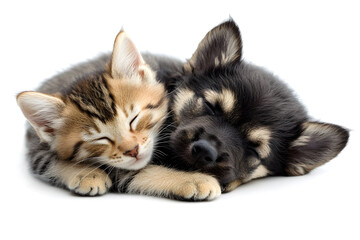 Fototapeta premium Cute little kitten and puppy sleeping together