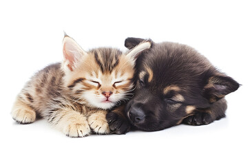 Cute little kitten and puppy sleeping together
