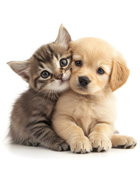 Cute little kitten and puppy sleeping together