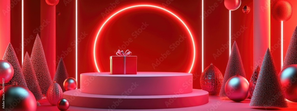 Poster christmas sale backdrop featuring a gift box and stage podium set against a red and white background