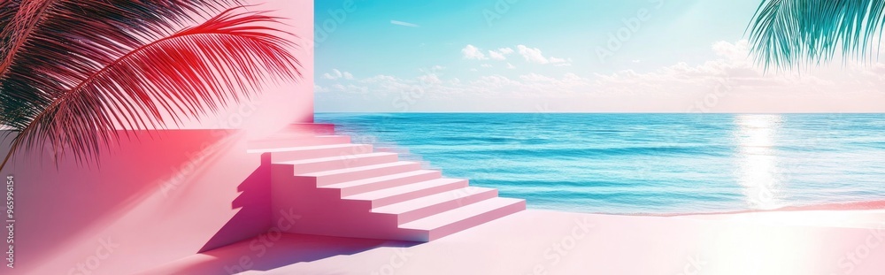 Aufkleber Summer beach setting featuring white stairs and palm tree shadows ideal for product presentation Abstract three dimensional summer landscape with a view of the ocean