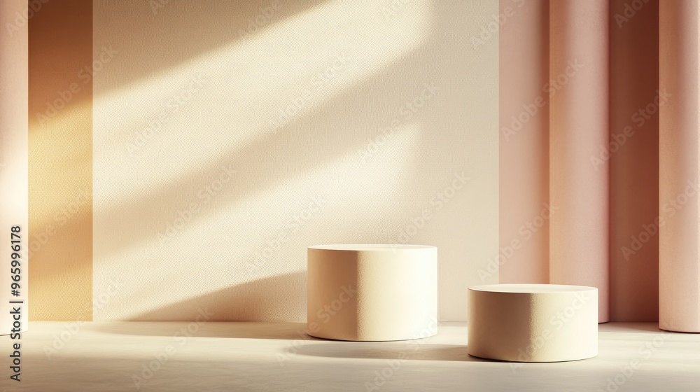 Poster Podium display with a cylindrical pedestal Realistic modern 3D rendering for product presentation Abstract pastel minimal wall backdrop in a studio setting