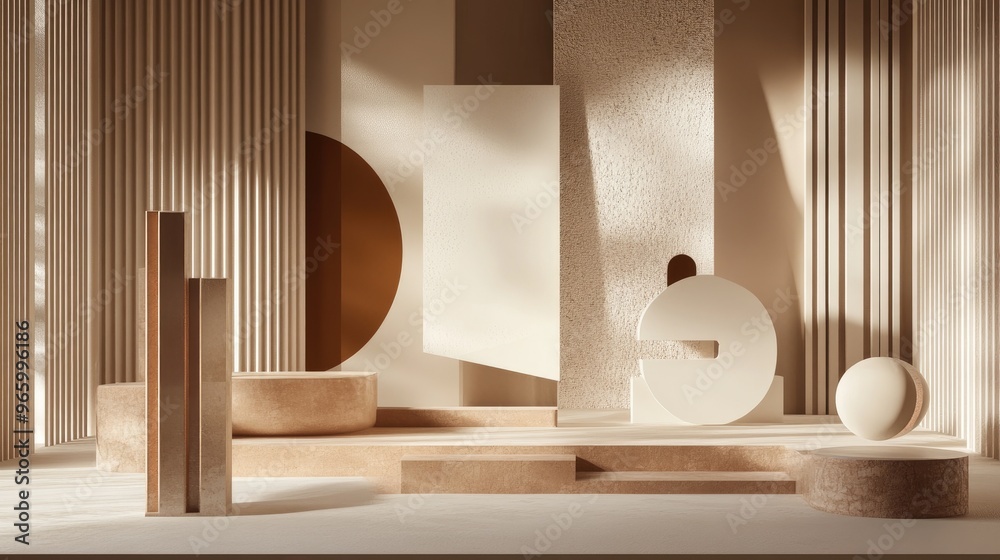 Fototapete Abstract 3D rendering featuring geometric forms and a display podium