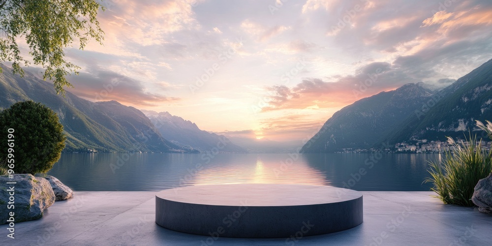Poster scenic lake sunset podium with sky backdrop for product presentation featuring a nature inspired lan