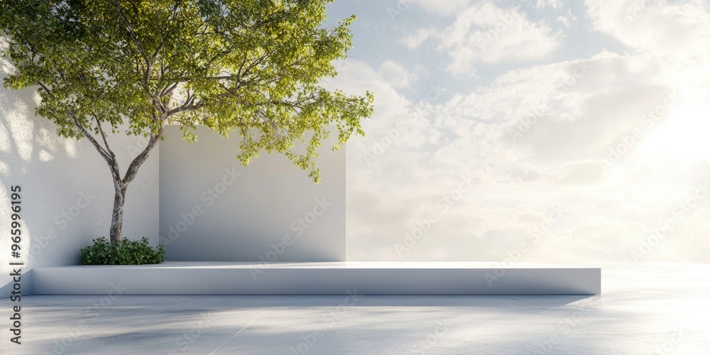 Aufkleber blurry sky above podium with white wall and tree 3d rendering