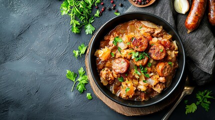 Polish bigos with sauerkraut and sausages, traditional hunter's stew, rich flavors