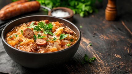 Polish bigos with sauerkraut and sausages, traditional hunter's stew, rich flavors
