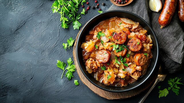 Polish bigos with sauerkraut and sausages, traditional hunter's stew, rich flavors