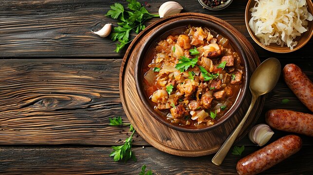 Polish bigos with sauerkraut and sausages, traditional hunter's stew, rich flavors