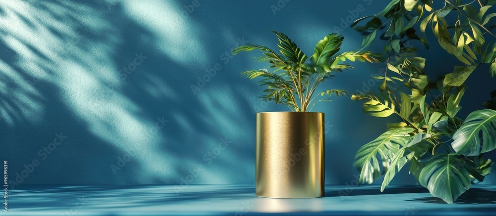 Aufkleber Elegant gold cylinder product display in a blue environment with greenery studio setup featuring minimalistic design 3D rendering
