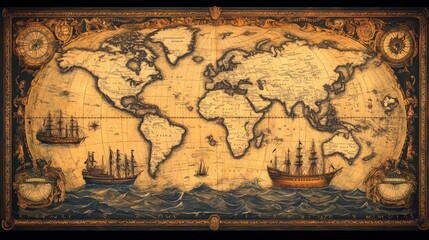 A vintage world map with intricate borders and antique ships illustrated across the oceans.
