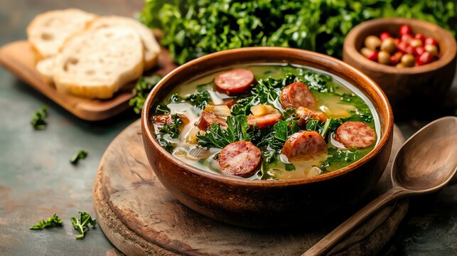 Portuguese caldo verde soup with chorizo and kale, rustic meal, traditional soup