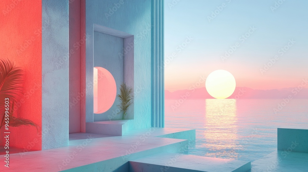 Poster Geometric plane composition with 3D rendering of the environment