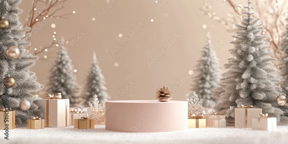 Poster Christmas backgrounds featuring a podium stage in a minimal New Year event theme A festive scene suitable for product display mock up banners with an empty pedestal decor set in a winter setting 3D