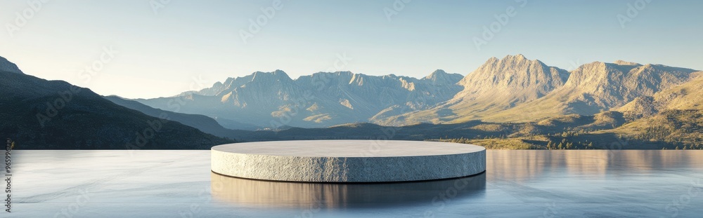 Aufkleber Abstract 3D rendering of a summer scene featuring a natural podium background with a stone podium set against a mountainous backdrop and clear sky ideal for product display and advertising design
