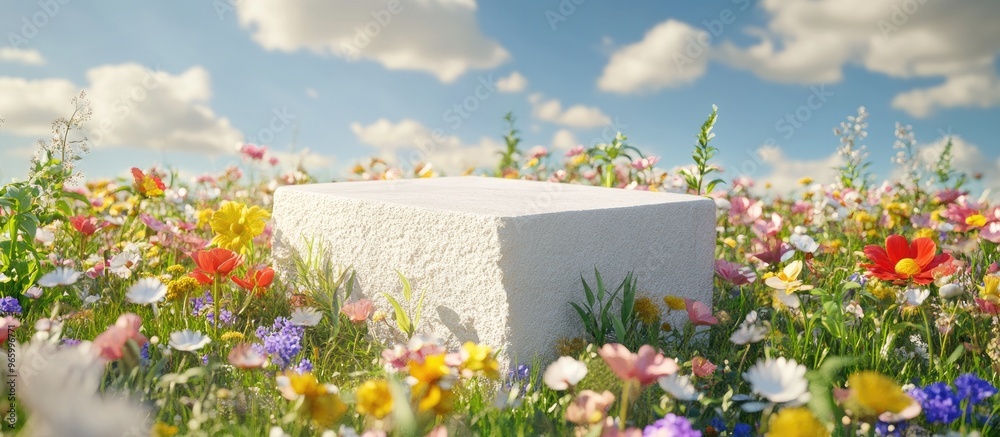 Poster Abstract 3D render of a spring scene featuring a natural podium background with a white stone podium set against a vibrant field of flowers and grass ideal for product display and advertising