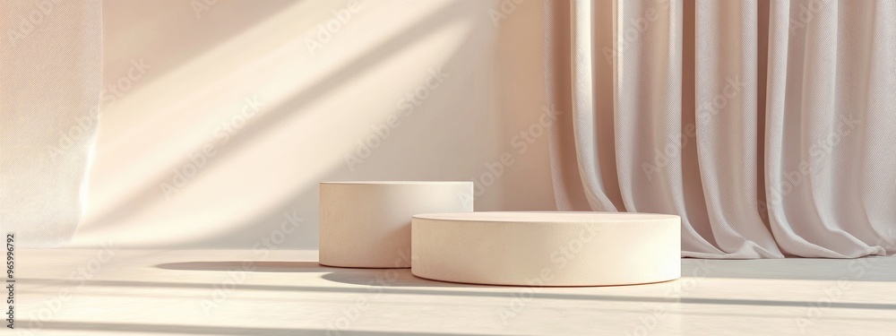 Poster Taupe two cylinder podium on the floor Abstract platforms designed for product display featuring a mock up pastel background color 3D rendered studio with geometric shapes