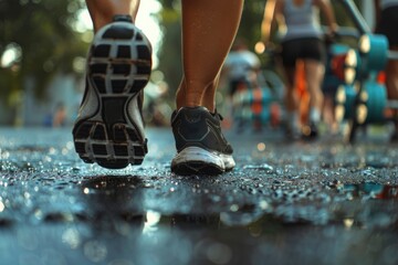 Close-Up of Runners' Shoes on Wet Pavement During Outdoor Marathon Race in City Park