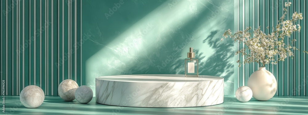 Poster Minimal abstract geometric pattern with a sophisticated design on a green background featuring a shiny marble podium ideal for product and cosmetic showcases marketing stage branding and product p