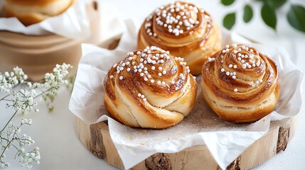 Swedish cinnamon buns with pearl sugar topping, cozy fika treat, Swedish tradition
