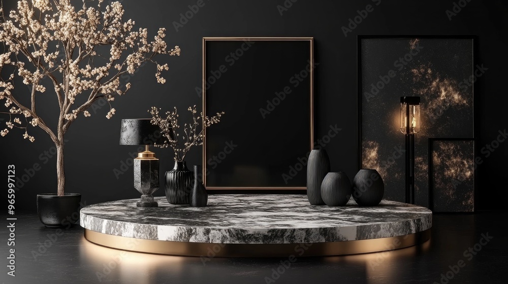 Poster round marble pedestal with a golden border surrounded by vases a tree lamps and black picture frames