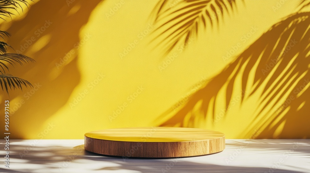 Poster Yellow wooden podium in a minimalist setting featuring leaf shadows Ideal background for product presentation 3D rendering illustration