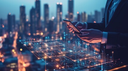 Digital technology, Business network connection, Teamwork, Deal, Partnership and data exchange, Investment analysis, planning and strategy. Businessman working with digital device on smart city. 
