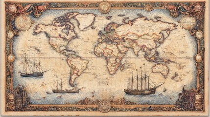 Obraz premium A vintage world map with intricate borders and antique ships illustrated across the oceans.