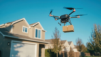 Drone delivering a package to a suburban house, showcasing modern technology, aerial logistics, and contactless delivery service
