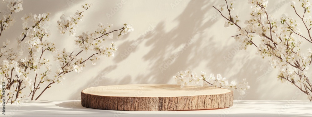 Aufkleber minimalist modern product display featuring a wood slice podium and spring branches conceptual scene
