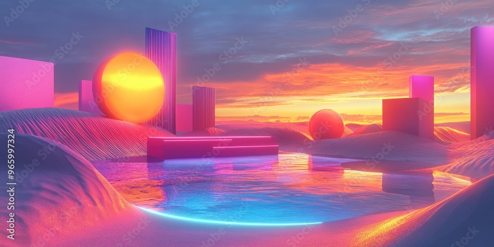 Poster Surreal 3D rendering of a landscape featuring neon shapes in water and vibrant sand with a podium and abstract objects in the background creating a futuristic fantasy setting