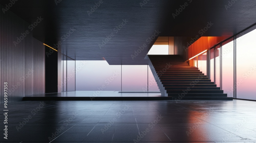 Poster Modern abstract architecture with a black background featuring an empty open space interior 3D rendering