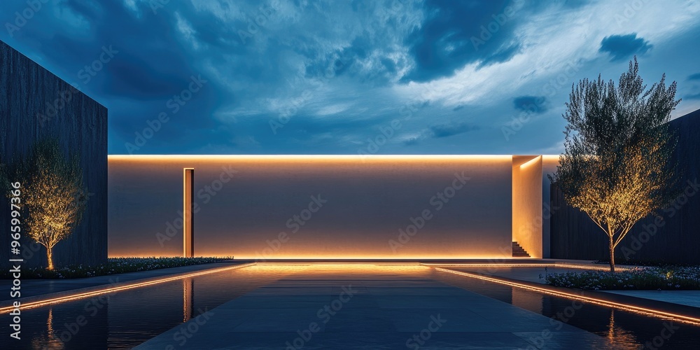 Poster Creative exterior illuminated with linear walls against a blue sky backdrop 3D rendering
