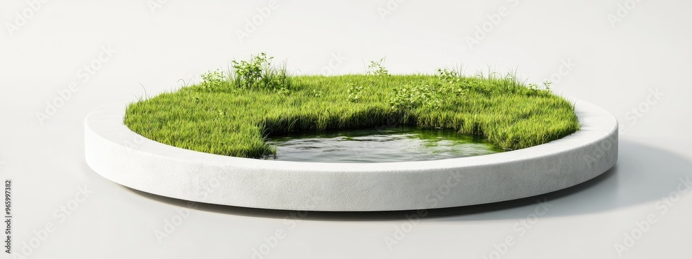 Poster Fantasy 3D rendering of a circular podium in a grassy field with a river featuring a surreal illustration of a round soil cutaway cross section on a white background