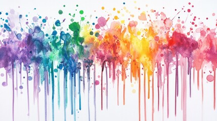 Fototapeta premium Colorful splatters of watercolor paint merging and dripping down, forming a vibrant, organic abstract pattern.